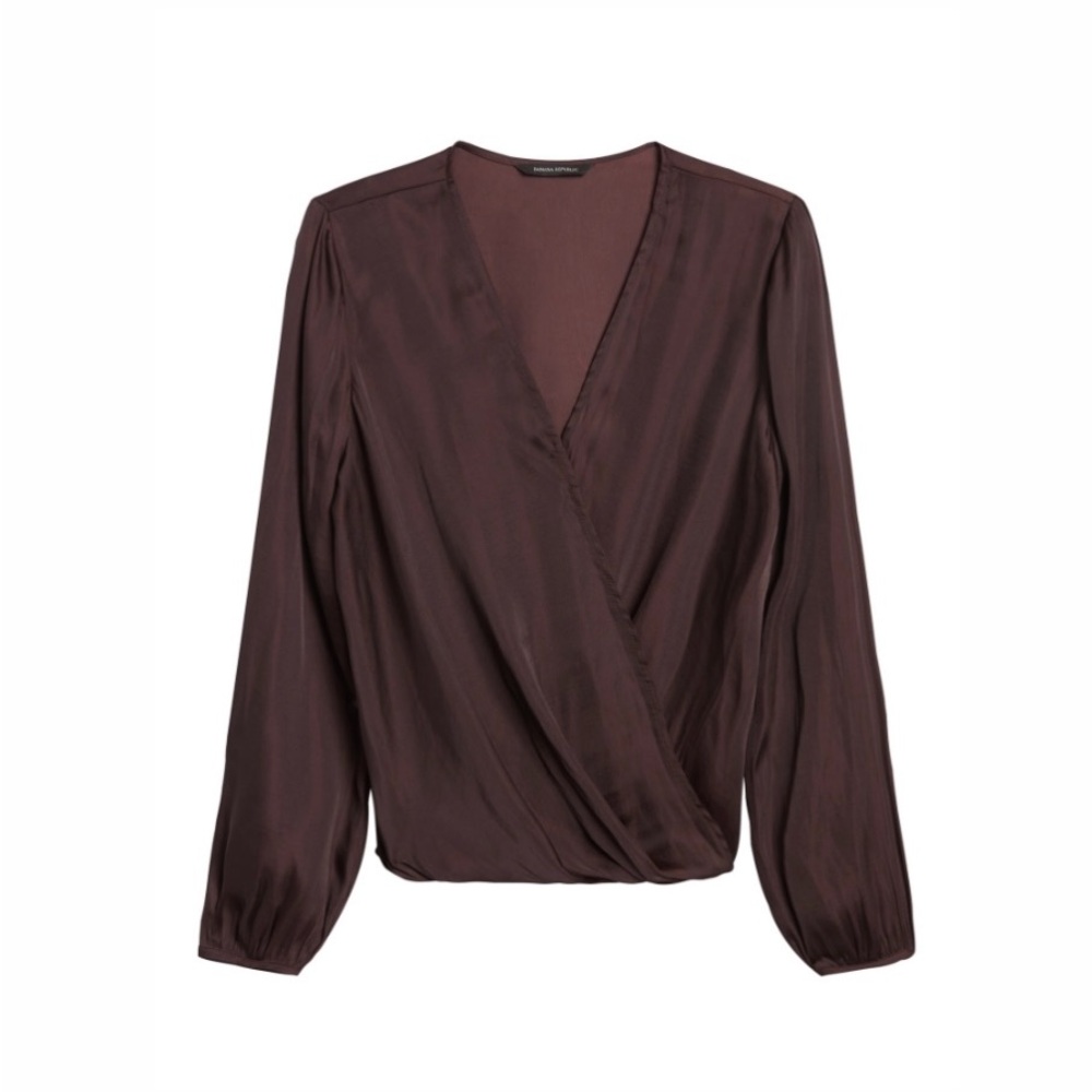 Banana Republic Satin Dark Mahogany Wrap Effect Blouse